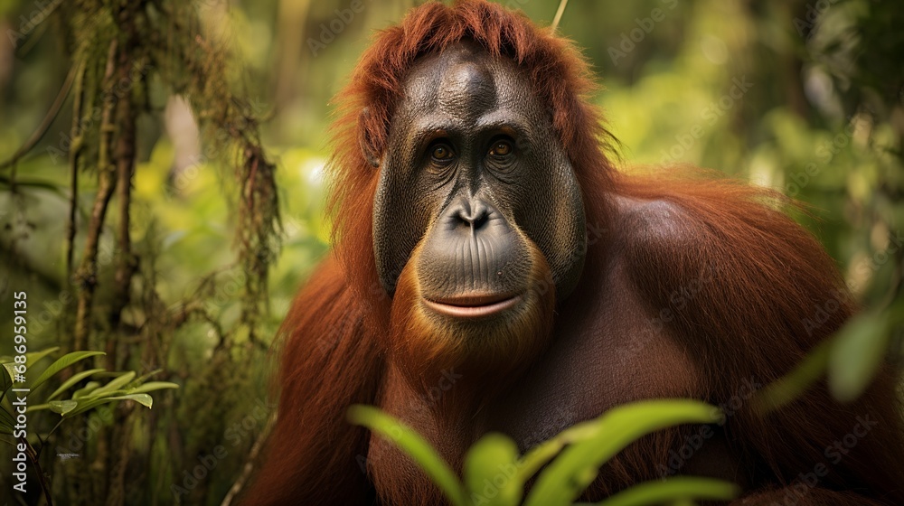 Wild Male Orangutan in the Borneo forest. Generate Ai Wild Male Orangutan in the Borneo forest. Generate Ai