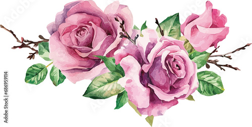 Digital png illustration of pink roses with green leaves on transparent background