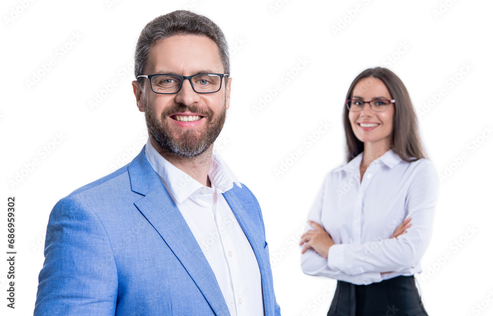business coworkers isolated on white. two businesspeople in formal suit. ambitious businesspeople support. professional business leader with manager. successful businesspeople