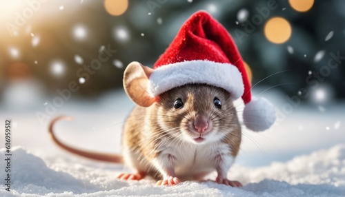 A cheerful cute mouse in a Santa Claus hat and colorful lights. A postcard for the New Year holidays. Generative AI.