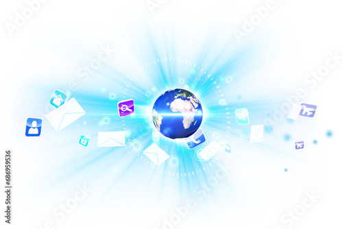 Digital png illustration of shiny earth and computer icon on transparent background
