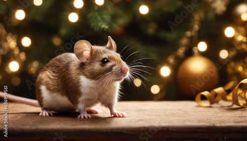 A cheerful cute mouse in a New Year's entourage. A postcard for the New Year holidays. Generative AI. © Leifur