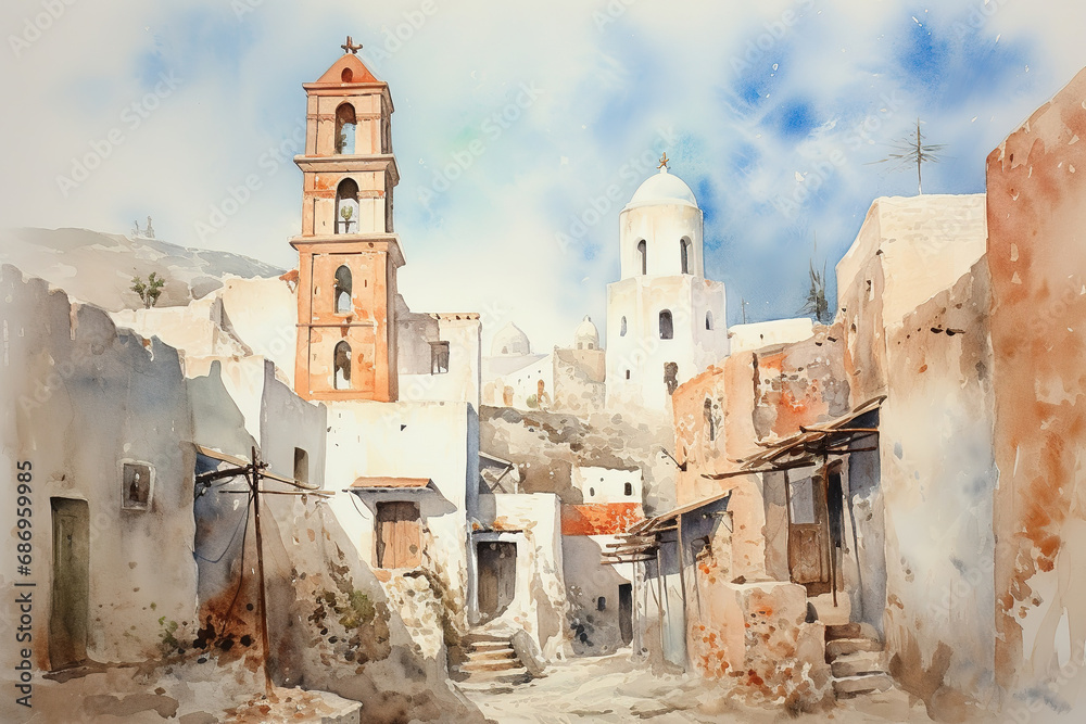Santorini in watercolor painting