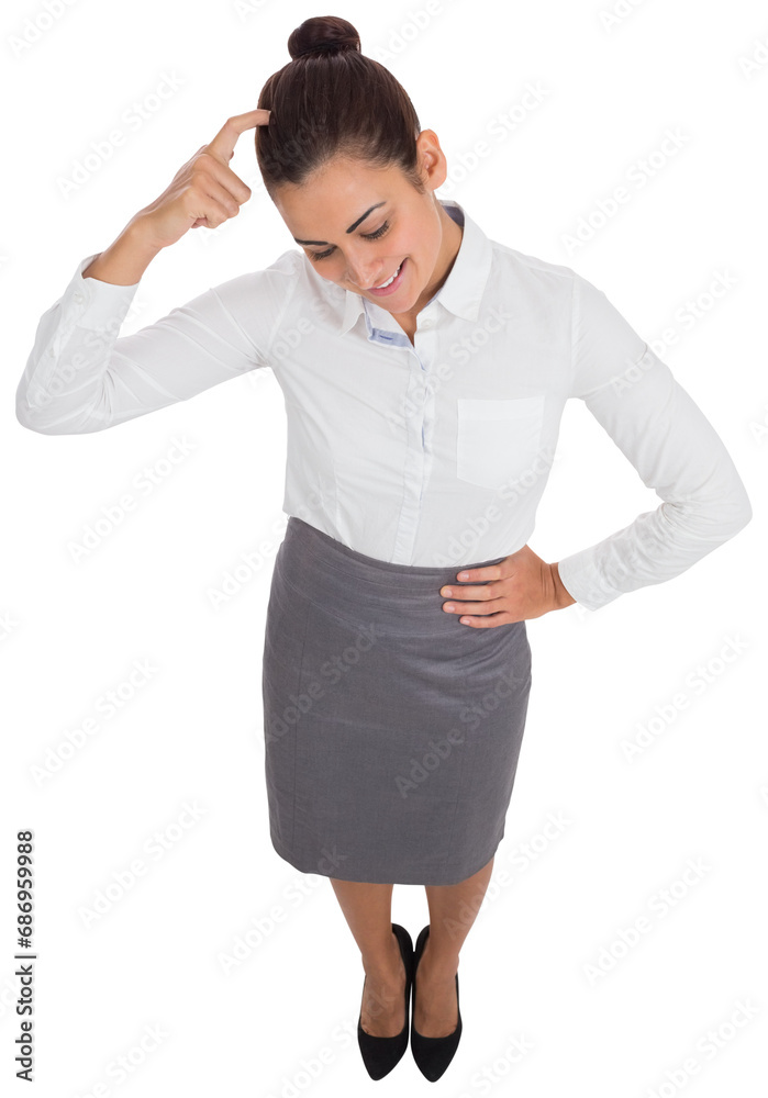 Digital png photo of happy caucasian businesswoman scratching head on transparent background Digital png photo of happy caucasian businesswoman scratching head on transparent background