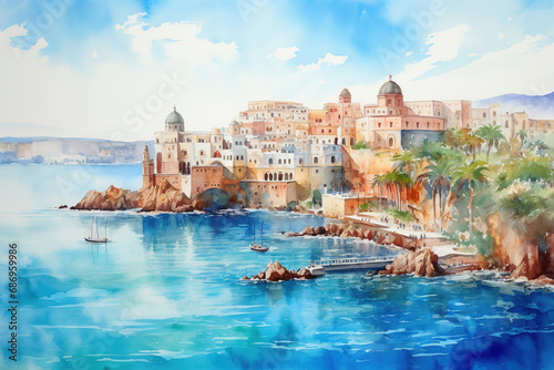Santorini in watercolor painting