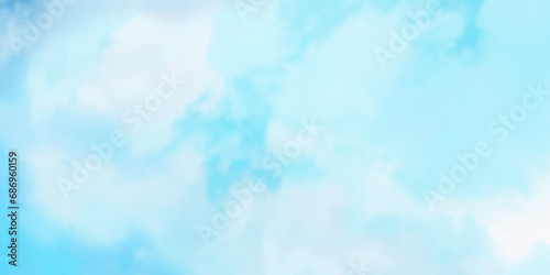 Abstract watercolor background . Grunge wallpaper of green sky with white clouds . Summer heaven bright cloudscape . 