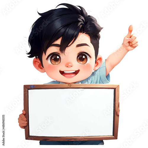 Young businessman holding whiteboard. Business presentation.
