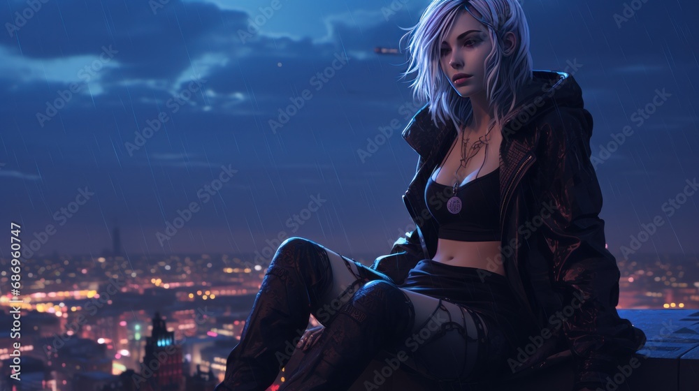 Obraz premium Beautiful cyberpunk girl sitting on the roof background wallpaper ai generated image