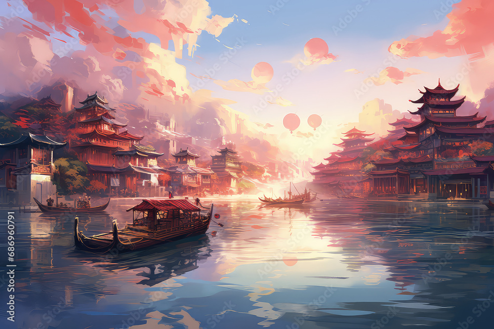 art illustration of cityscape of asian city at morning, Japan sunrise.