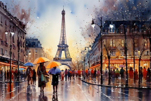 Paris, Eiffel Tower in the center, watercolor painting © arhendrix