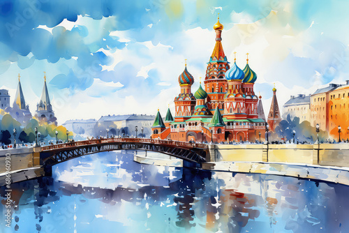 oil painting on canvas, Russia. Artwork. Big ben. a boat in the river. Building. famous travel. Bridge and river photo