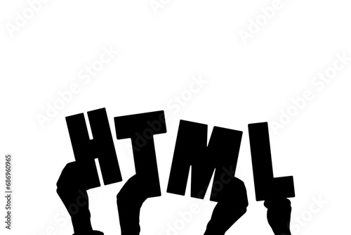 Digital png illustration of hands and html text on transparent background