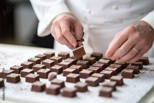 close hands prepare chocolate. Chocolatier. Chocolate candies. preparing dessert © Al