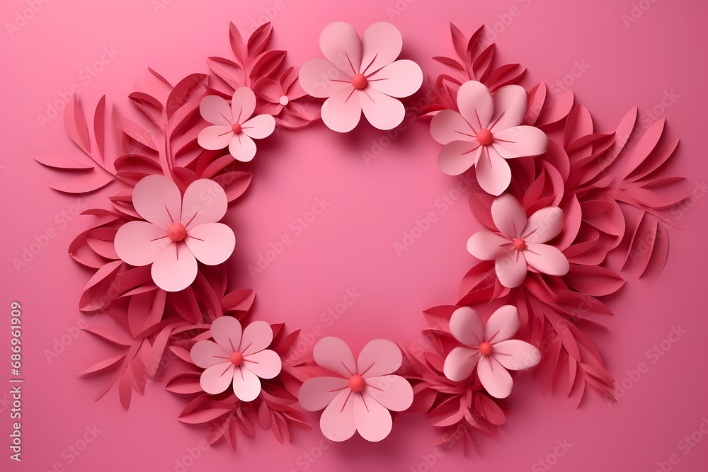 Spring flowers in paper cut style. Happy Women's Day frame background.