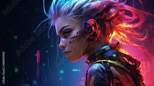 Cyberpunk woman punk with colored hair and tattoos background wallpaper ai generated image © anis rohayati