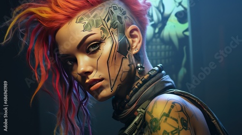 Cyberpunk woman with colored hair and tattoos background wallpaper ai generated image photo