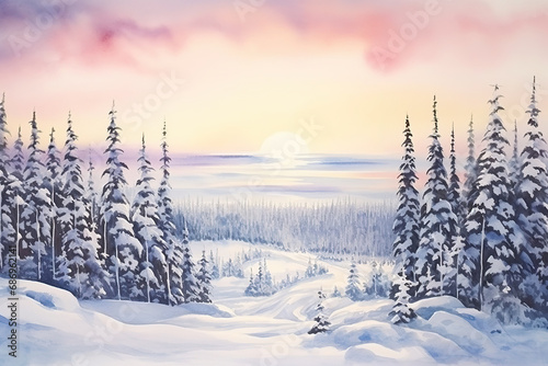 Lapland Finland in watercolor painting