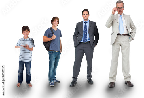 Digital png photo of caucasian child and men in carious ages on transparent background