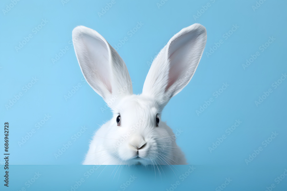 White rabbit on pastel blue background. Happy Easter Day.