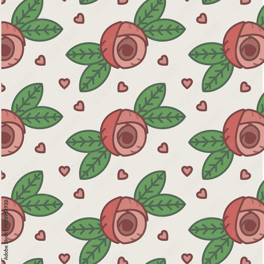 Obraz premium Digital png illustration of red roses with leaves repeated on beige background