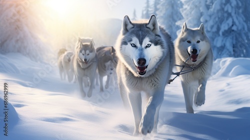 A group of huskies pulling a sled through a snow-covered wilderness, their teamwork in the frigid terrain captured in action. © baloch