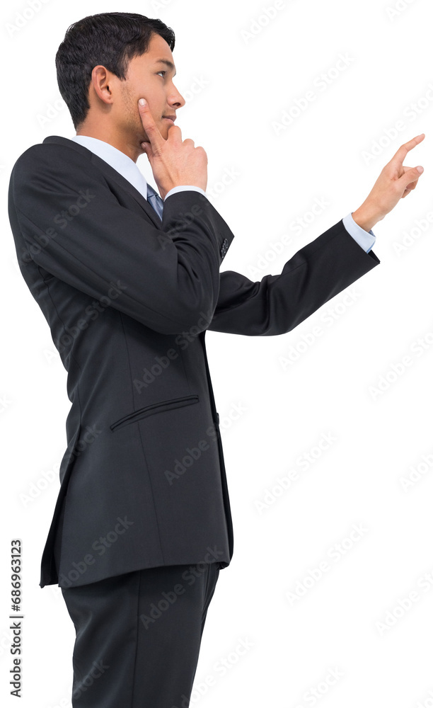 Digital png photo of focused biracial businessman pointing finger on transparent background Digital png photo of focused biracial businessman pointing finger on transparent background