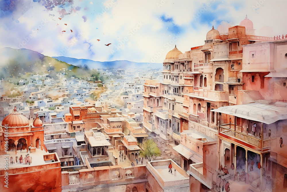 Jaipur India in watercolor painting - obrazy, fototapety, plakaty 