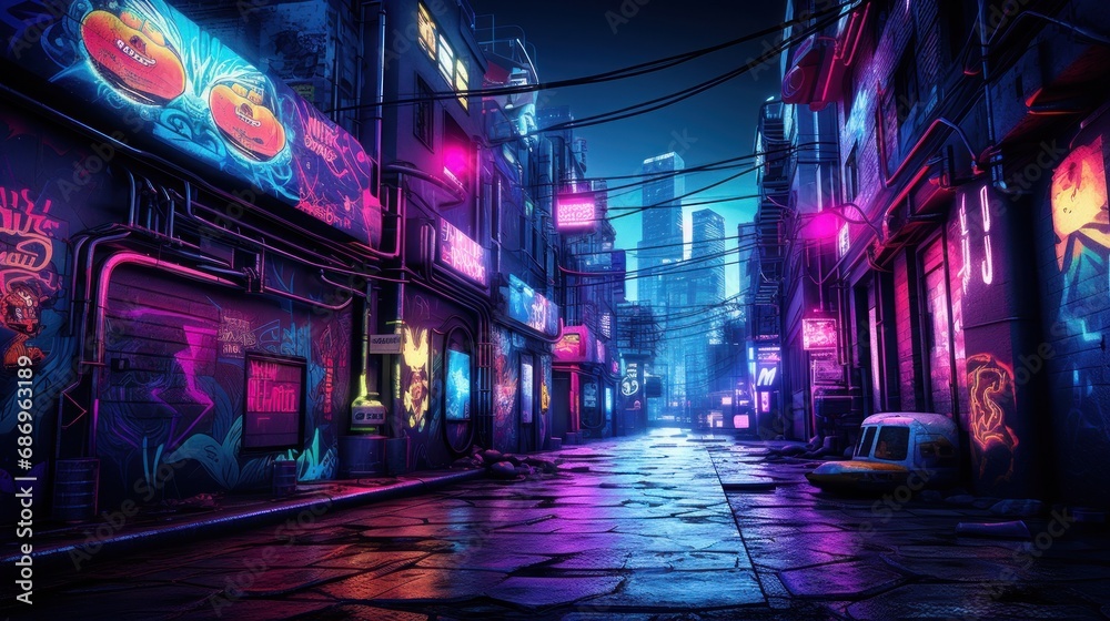 Cyberpunk city wall graffiti neon glow concept background wallpaper ai generated image