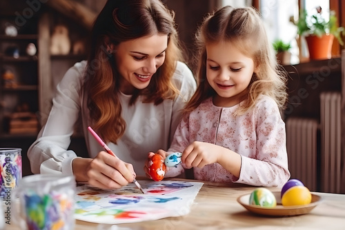 Mother and her daughter with painting eggs for Easter Day.