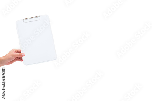Digital png photo of hand holding white clipboard on transparent background