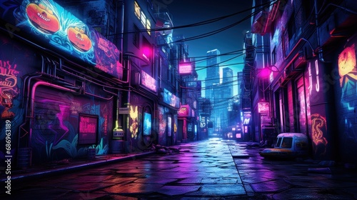 Cyberpunk city wall graffiti neon glow concept background wallpaper ai generated image © anis rohayati