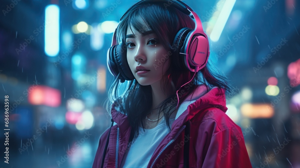 Futuristic amazing Asian girl wearing headphones background wallpaper ...