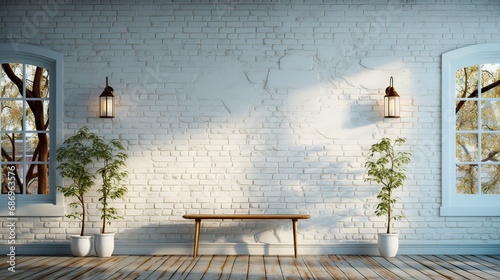 only one porch light on white brick 3D funky pattern of white,  © Phimchanok
