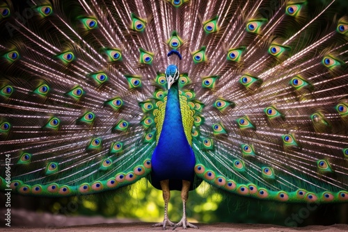 Photo of a colorful peacock displaying its vibrant plumage. Generative AI