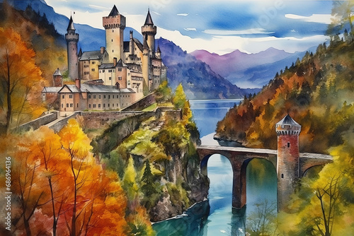 Hohenschwangau Germany in watercolor painting