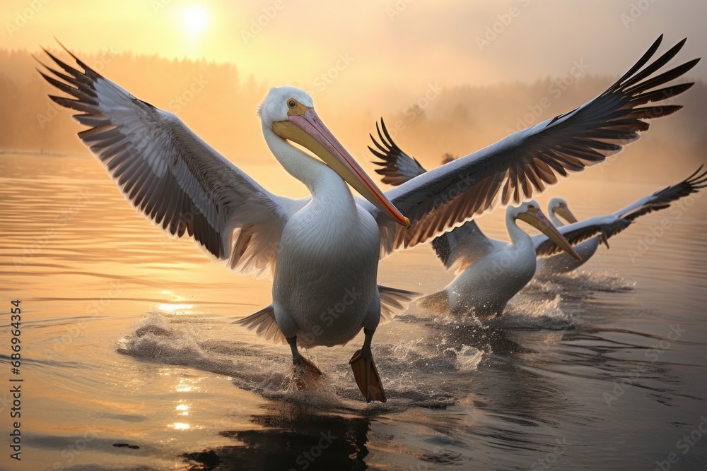 Photo of a group of pelicans gliding gracefully over the water. Generative AI - obrazy, fototapety, plakaty 