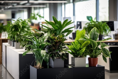 Photo of a group of office plants adding greenery to a workspace. Generative AI