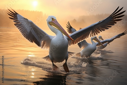 Photo of a group of pelicans gliding gracefully over the water. Generative AI © Aditya
