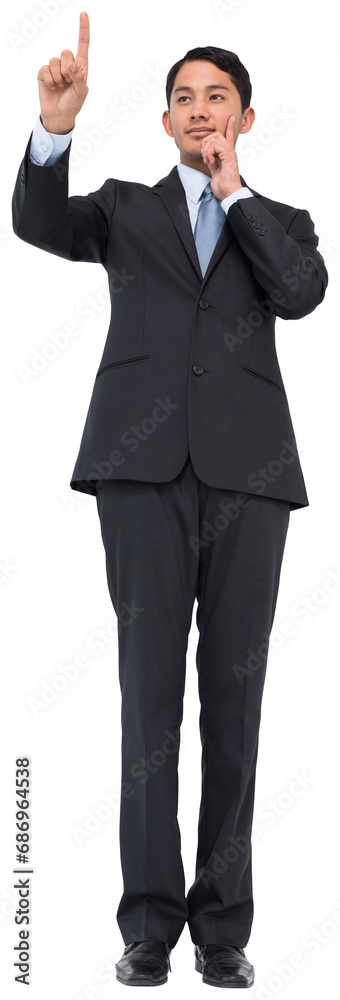 Digital png photo of biracial businessman touching virtual screen on transparent background Digital png photo of biracial businessman touching virtual screen on transparent background