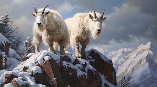 A pair of mountain goats precariously perched on a snowy cliff, their daring climb showcased in the winter wilderness. photo