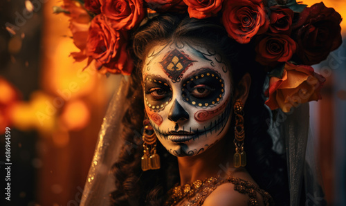 Day of the Dead - Woman with Calavera Makeup and Rose Crown