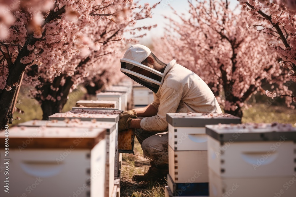 Beekeeper tending to hives in a blossoming orchard. Beekeeper tending to hives in a blossoming orchard.
