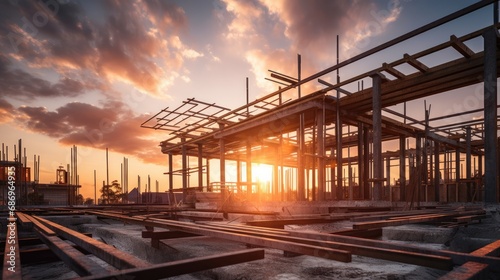 Construction site and sunset , structural steel beam build large residential buildings.