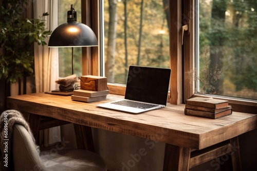 Photo of a rustic, wooden desk in a cozy home office. Generative AI photo