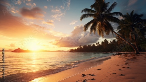 Sunset on the beach. Tropical paradise, sand, beach, palm trees and clear water.