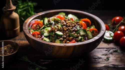 Lentil salad with veggies, healthy food, vegetarian and vegan snack