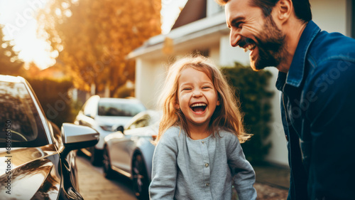 Happy family looking at new house and new car in front or their home front yard and garden background.