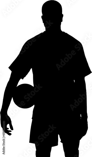 Digital png illustration of silhouette of male footballer with ball on transparent background