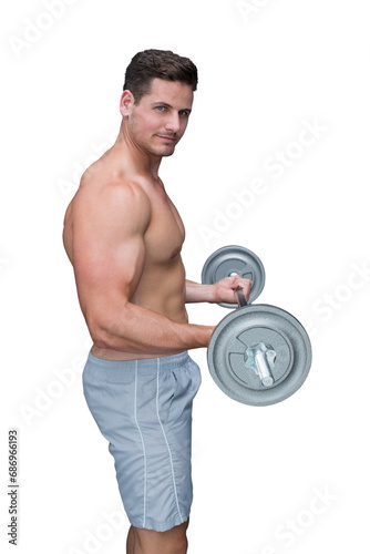 Digital png photo of caucasian shirtless man exercising with weight on transparent background