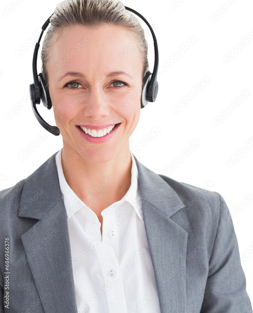 Digital png photo of happy caucasian businesswoman with headphones on transparent background Digital png photo of happy caucasian businesswoman with headphones on transparent background